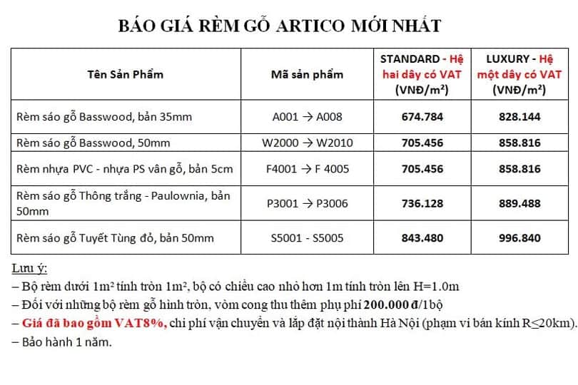 Báo giá rèm gỗ Artico tại Hà Nội