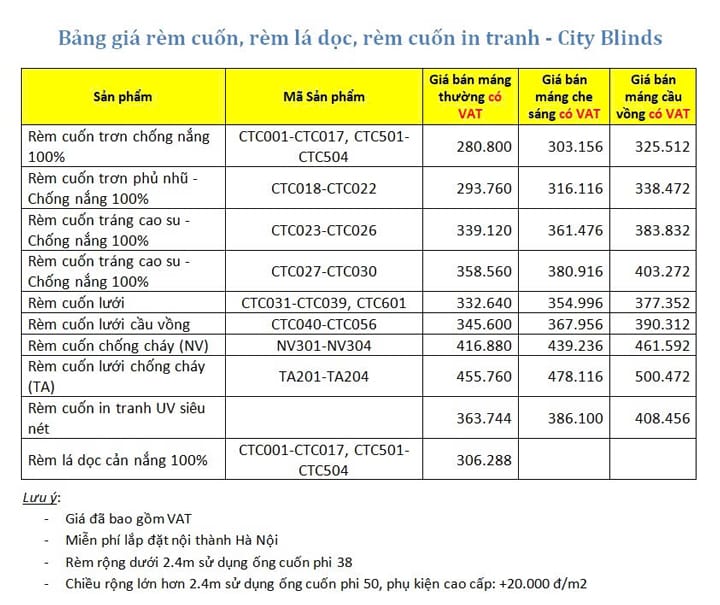 Bảng giá rèm cuốn City Blinds, rèm lá dọc, rèm cuốn in tranh City blinds