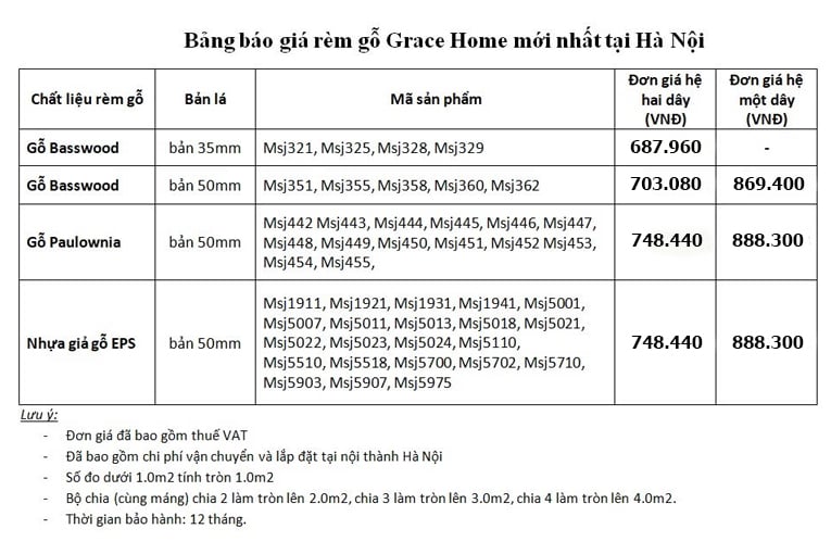 Báo giá rèm gỗ Grace Home hệ 1 dây & 2 dây