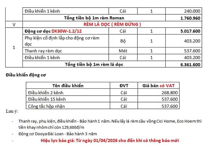 Bảng giá động cơ rèm tự động Dooya áp dụng từ 01/04/2026