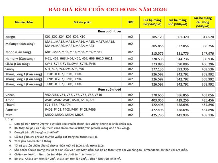 Báo giá rèm cuốn Cici Home mới nhất tại Hà Nội