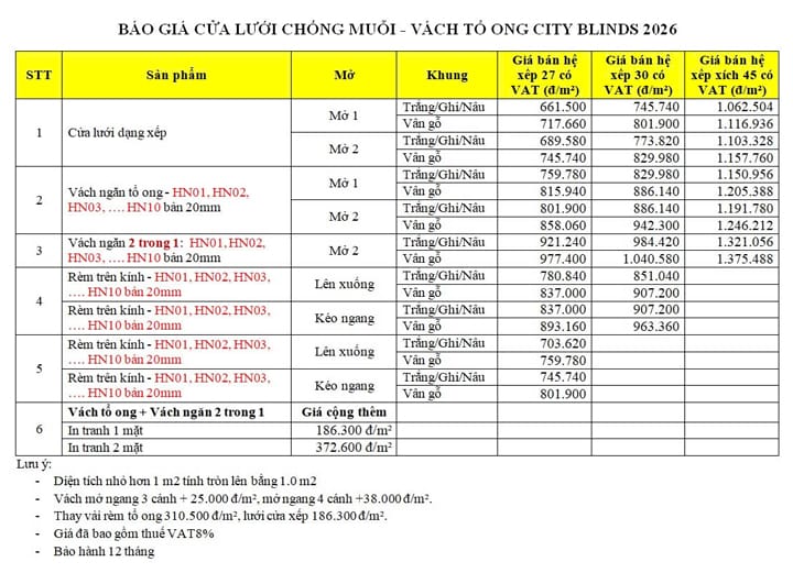Giá cửa lưới chống muỗi & vách tổ ong City blinds mới nhất 2026