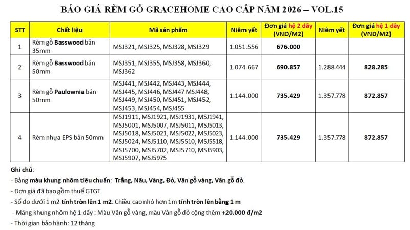 Báo giá rèm gỗ GraceHome, rèm sáo nhựa EPS