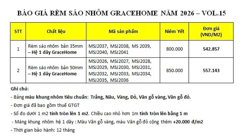 Báo giá rèm sáo nhôm GraceHome bản 35mm, 50mm, Hệ 1 dây